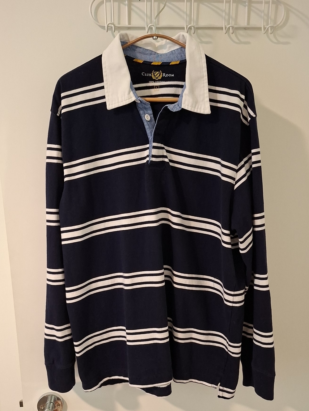 Club Room Classic 100% Cotton Navy & White Striped Polo/Rugby Shirt (Size L)